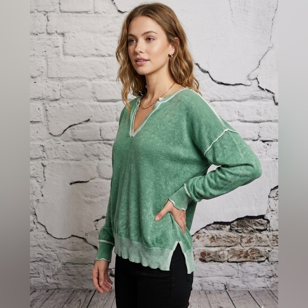 Sundance Distressed Acid Wash Burnout Green V-Neck Pullover Cotton Top Sleeves